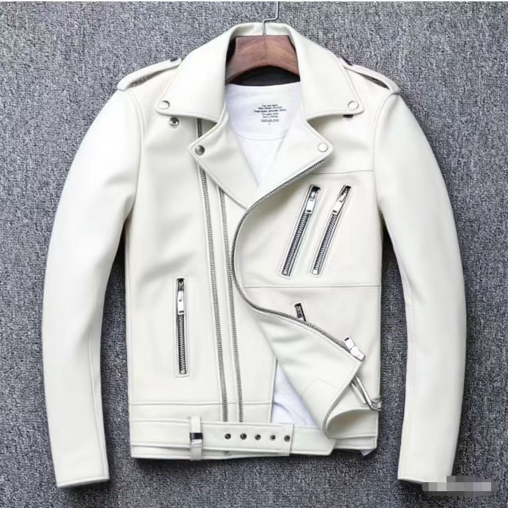 Men's leather jacket with water-washed finish, motorcycle-style men's leather jacket