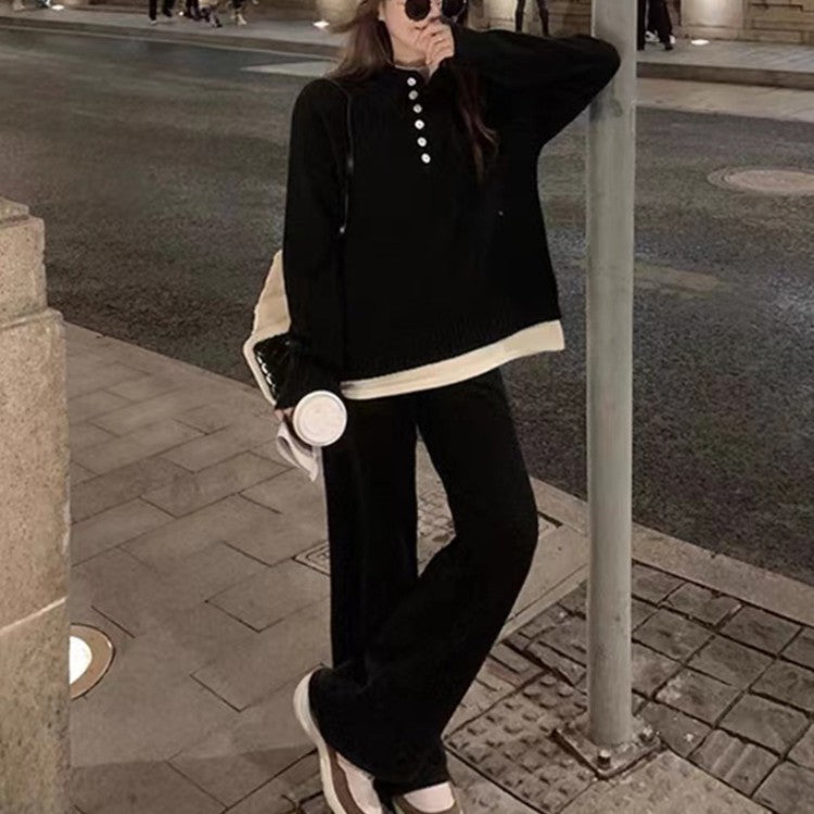 Long Sleeve Pullover Top and Wide-Leg Pants, Striped Casual Suit