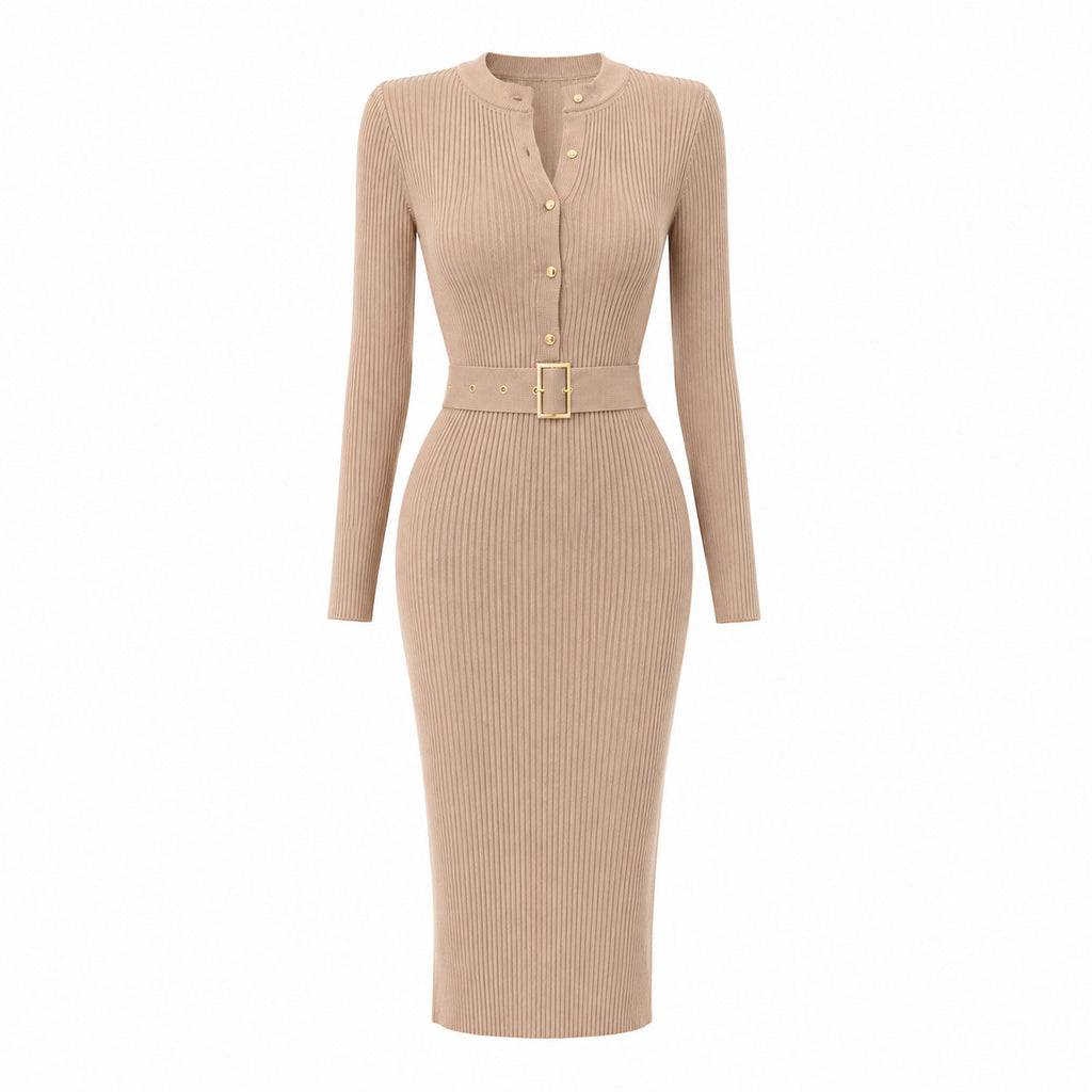 Elegant Bodycon Knitted Ribbed Midi Dress with Belt