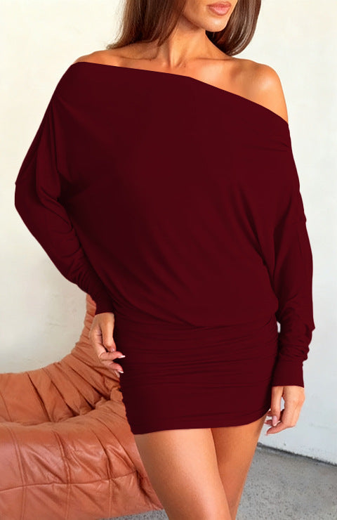 Gentle Slanted Shoulder Long-Sleeved Sexy Slimming Look Sexy Hip-Hugging Dress