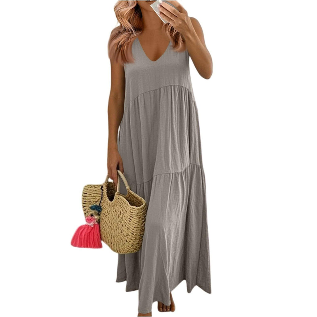 Women's Cotton V-Neck Sleeveless Bohemian Layered Maxi Dress
