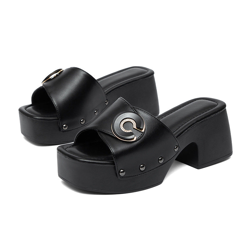 Womens Chunky Heel Open Toe Slippers