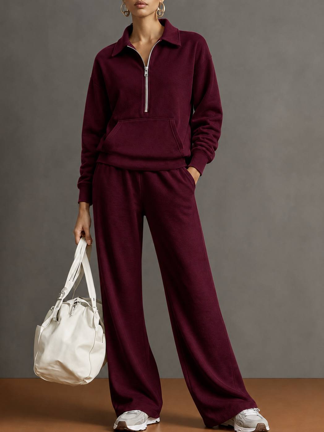 Women Two-Piece Half-Zip Sweatshirt and Wide-Leg Pants Set