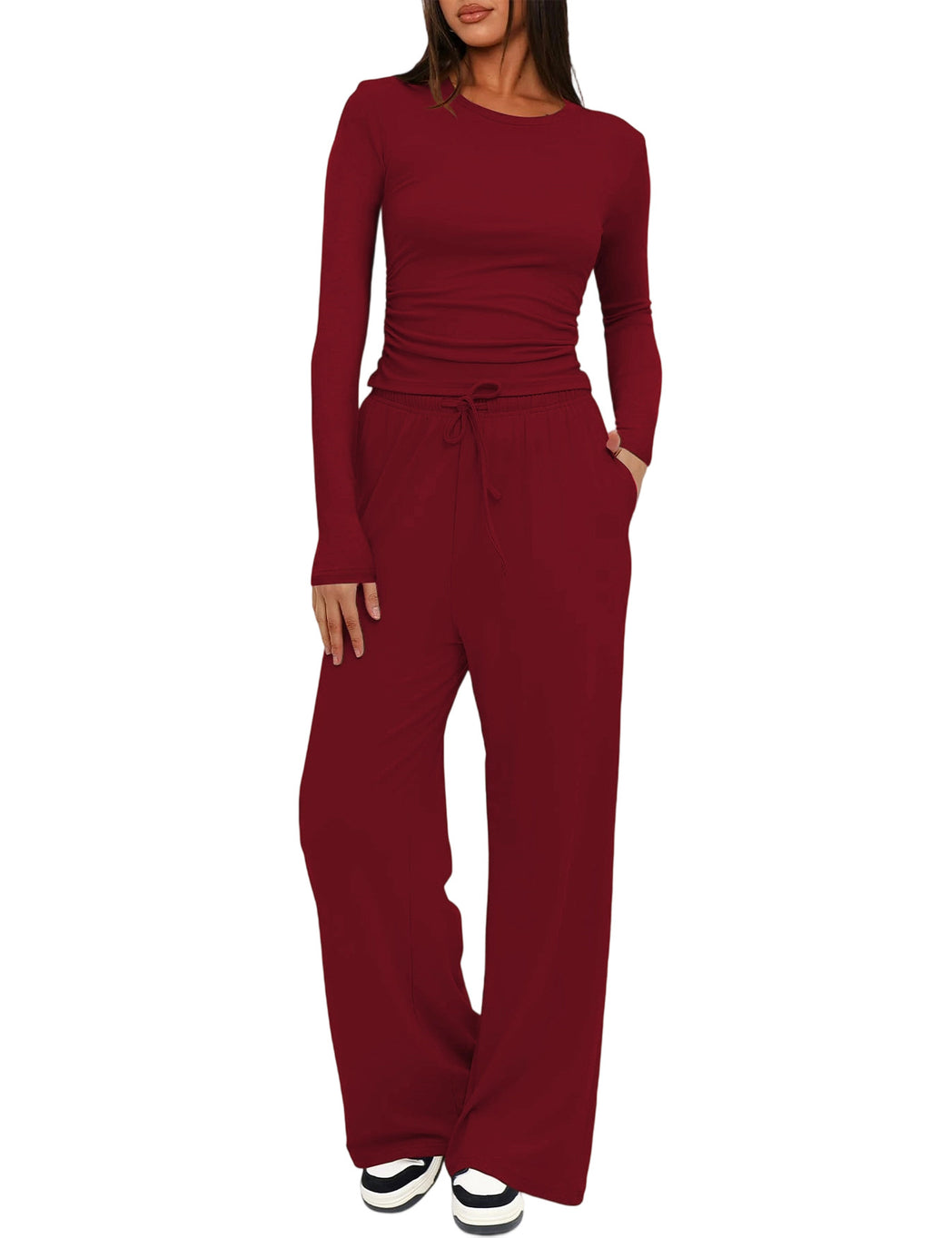 Solid Color Long Sleeve Top and High Waisted Wide Leg Pants Sportswear Set