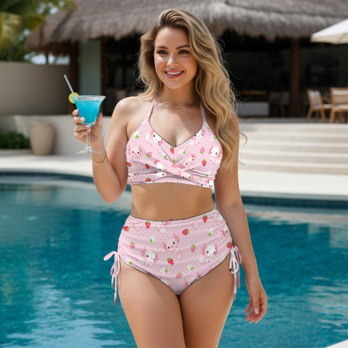 Women Sexy Animal Print High-Waist Drawstring Two-Piece Bikini Swimsuit