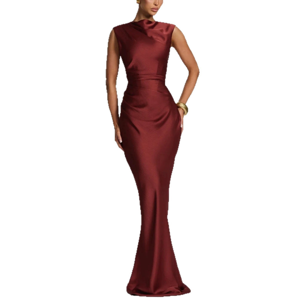 Women's Asymmetrical Fishtail Dress Half-High Collar Sleeveless Long Gown