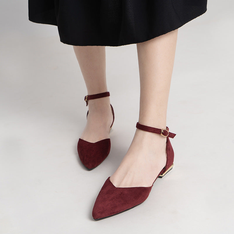 Women Pointed Toe Flat Shoes Suede Ankle Strap