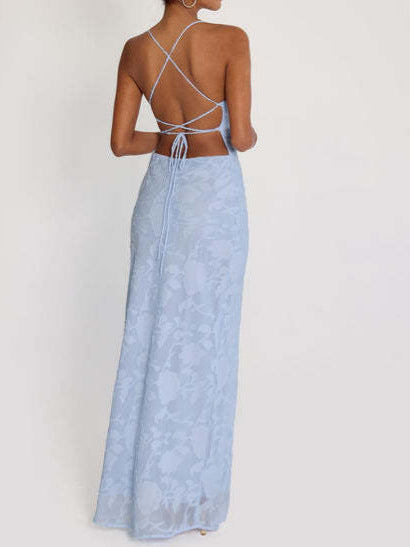 Blue Jacquard Backless Long Dress