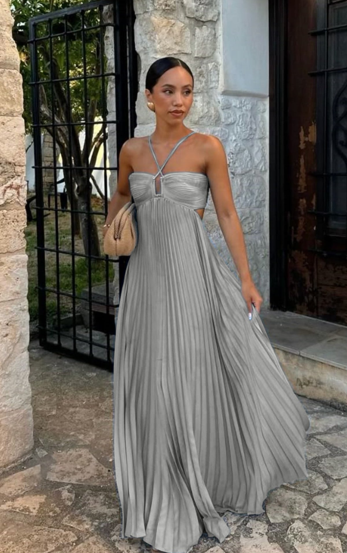 Solid Color Pleated Sleeveless Strap Dress