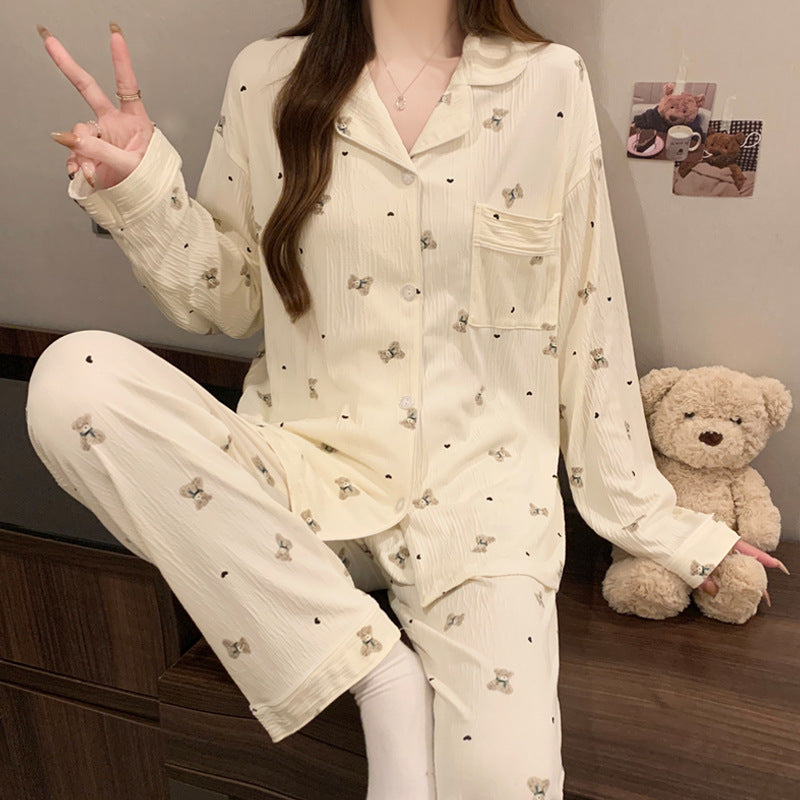 Womens Long Sleeve Pajama Set with Bow Design