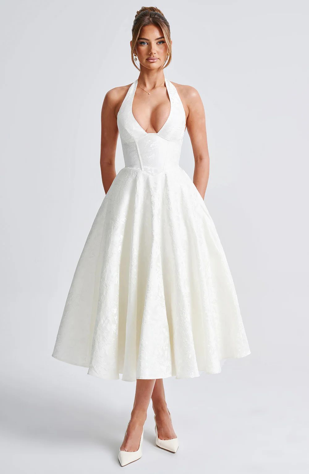 V-Neck Halter Jacquard Evening Dress