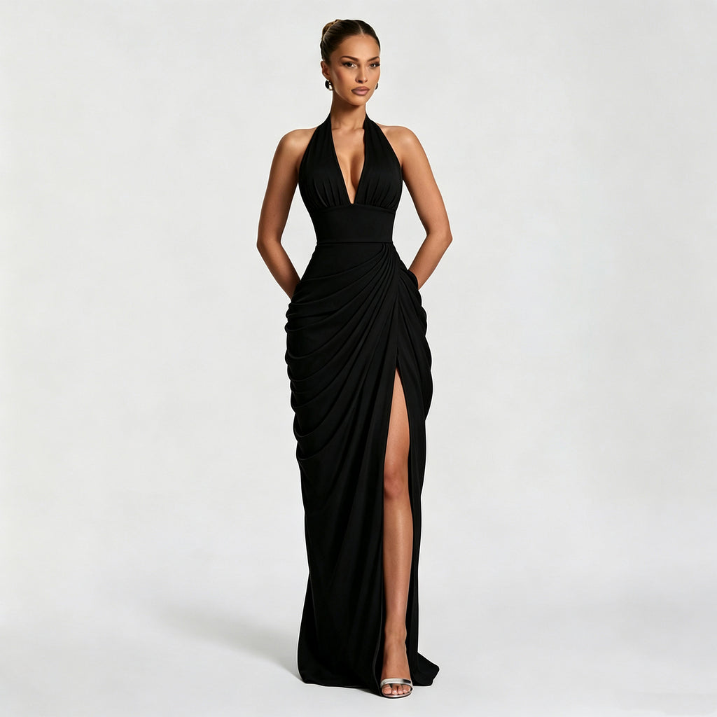 Women Halter V-Neck Pleated Bodycon Dress