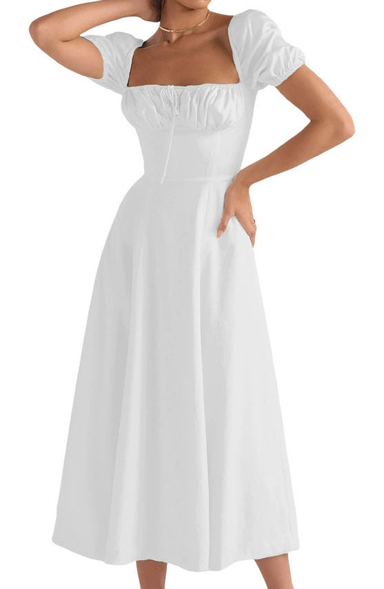 Floral Print Square Neck Slim Dress with Side Slit