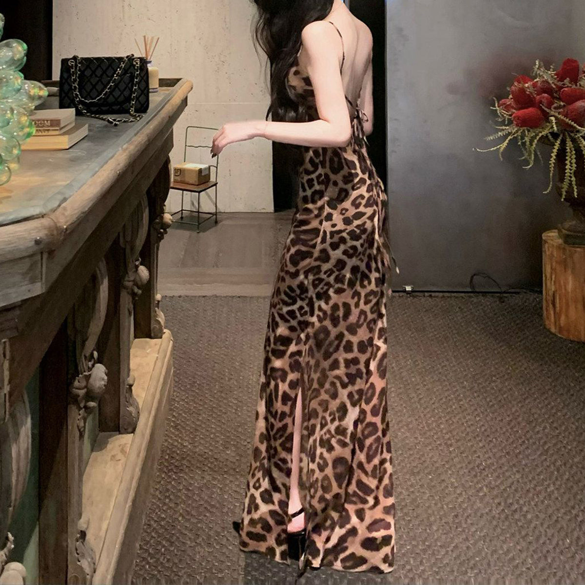 Womens Leopard Print Backless Strappy Maxi Dress