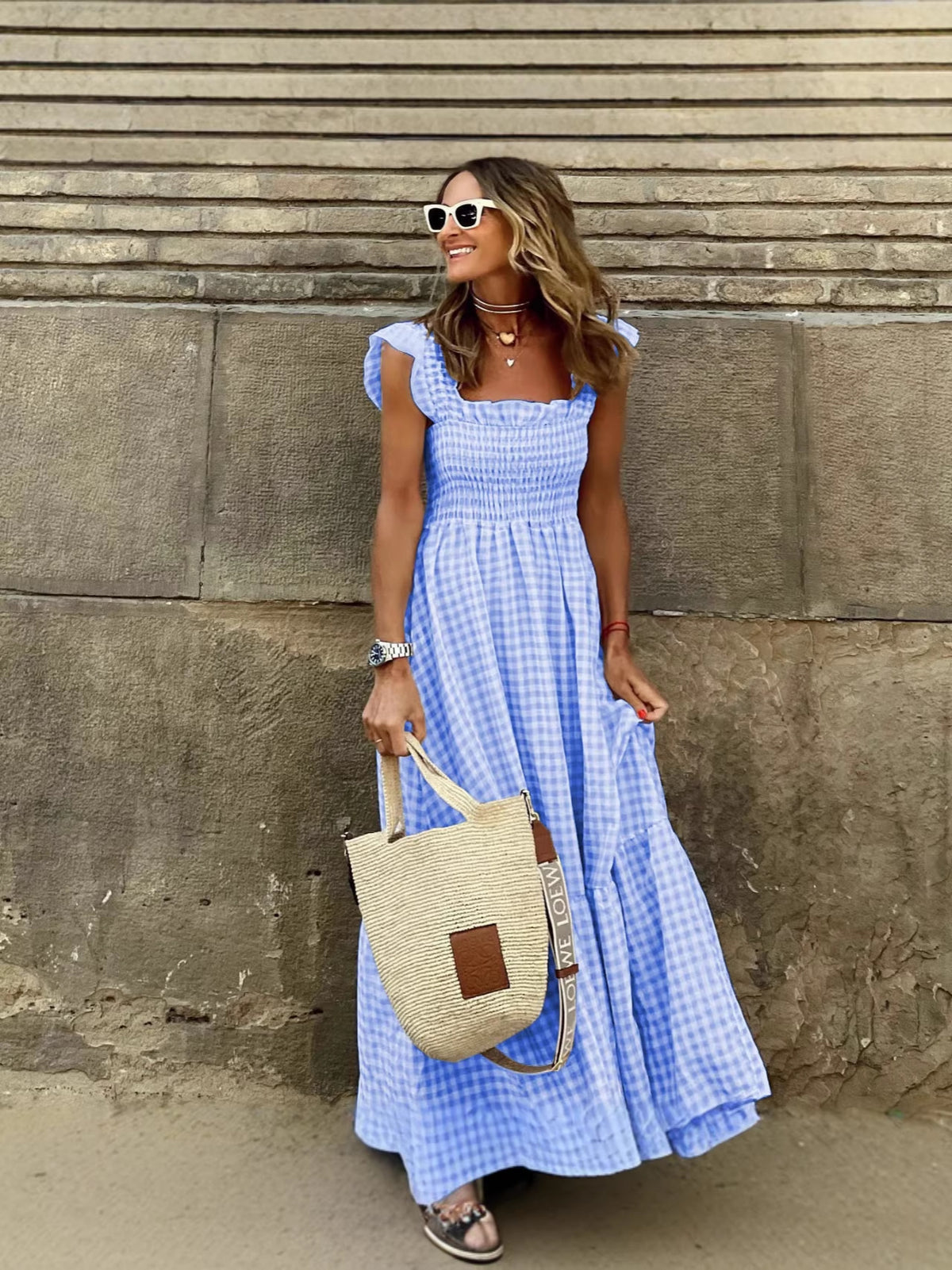 Summer Stylish Women's Patchwork Plaid Strap Elastic Flared Dress