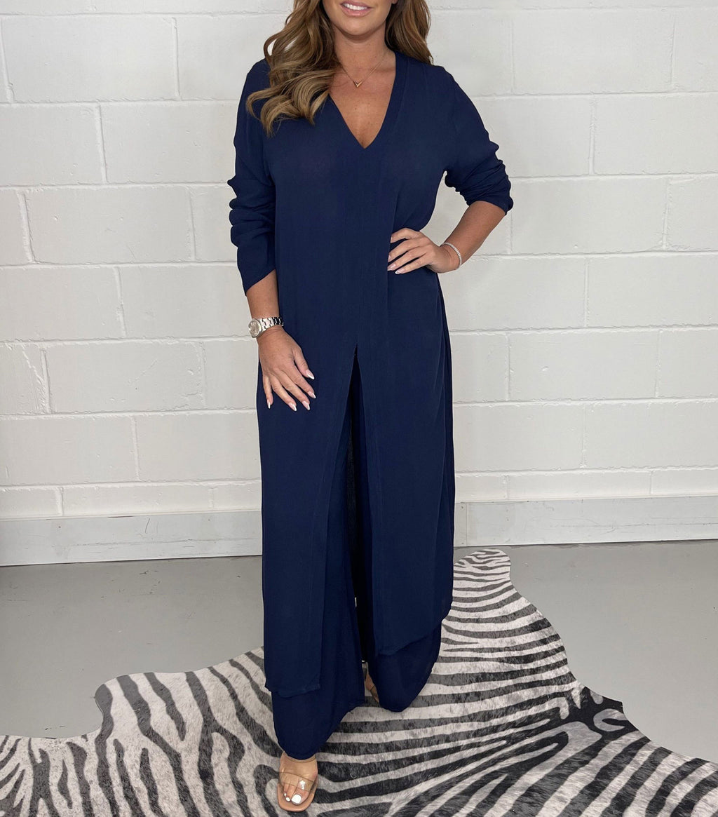 Womens Side Split Two Piece Set Long Sleeve Top and Pants Outfit
