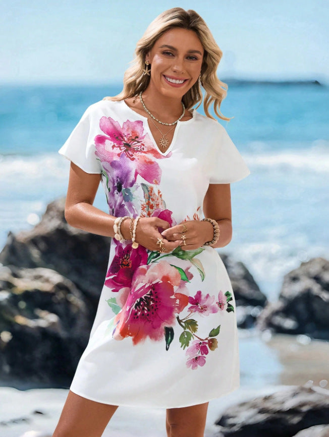 V-Neck Starfish Print Short Sleeve Dress