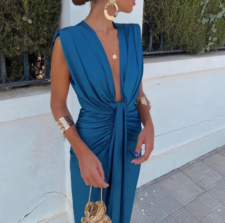 Satin V-neck Pleated Sleeveless Dress