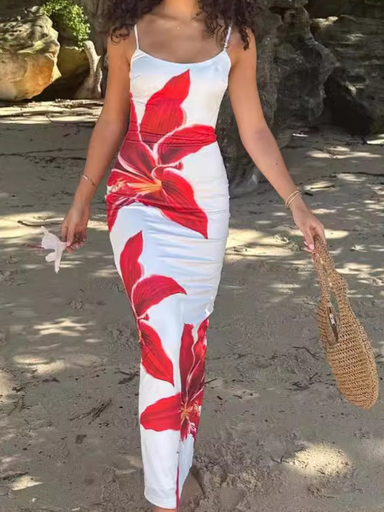 Floral Print Suspender Slit Dress