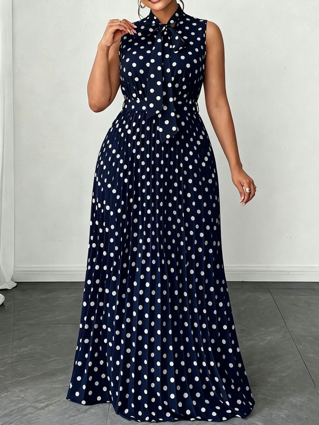 Polka Dot Sleeveless Tie-Up Mid-Length Dress