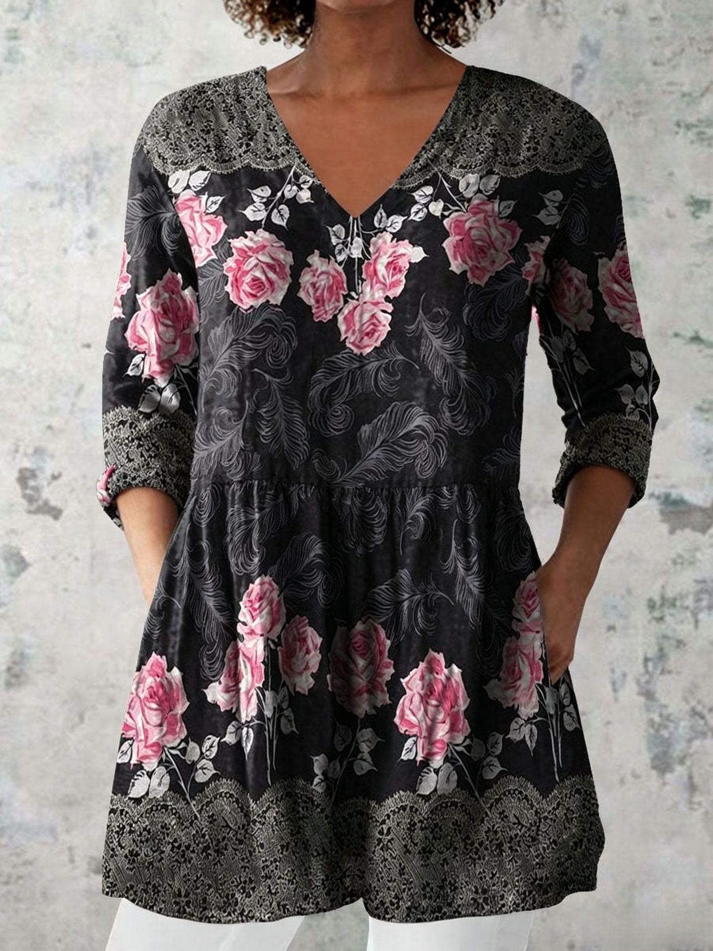 Womens Loose Digital Print V-Neck Short Sleeve T-Shirt