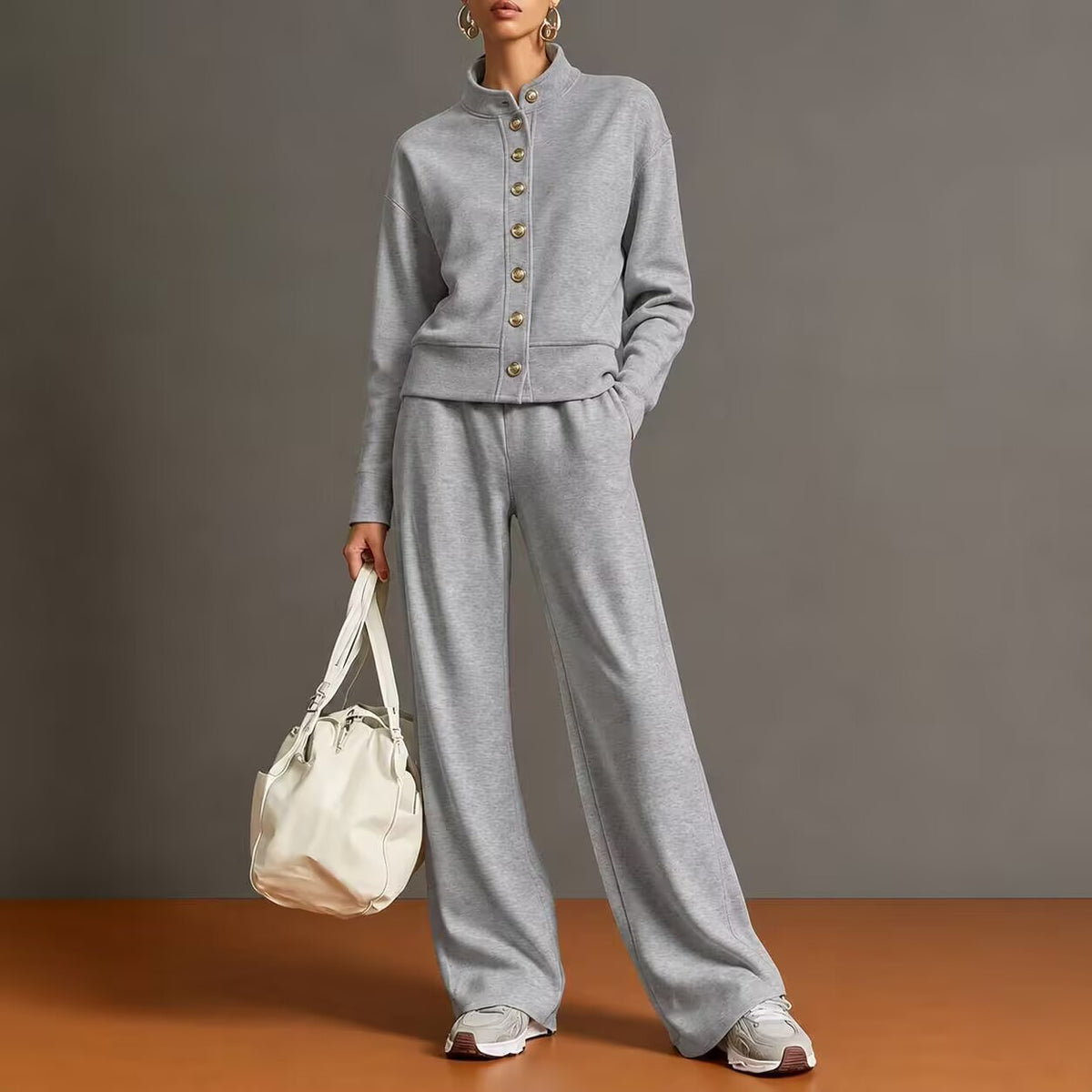 Women's Solid Color Stand Collar Sweatshirt and Wide Leg Pants Casual Two Piece Set