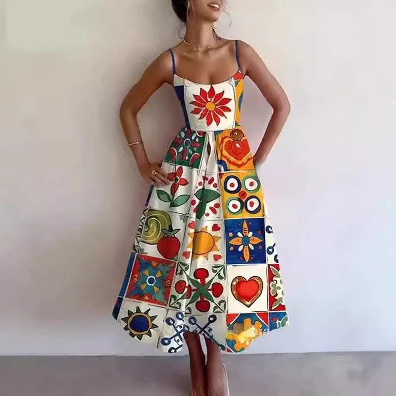 Womens Sleeveless Floral Print Shirt Collar Dress Long Dress