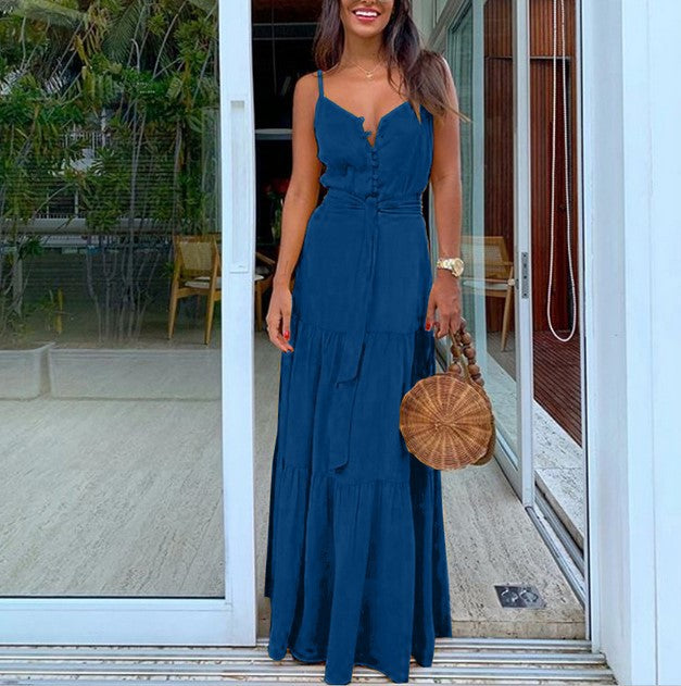 Women's V-Neck Patchwork Suspender Dress