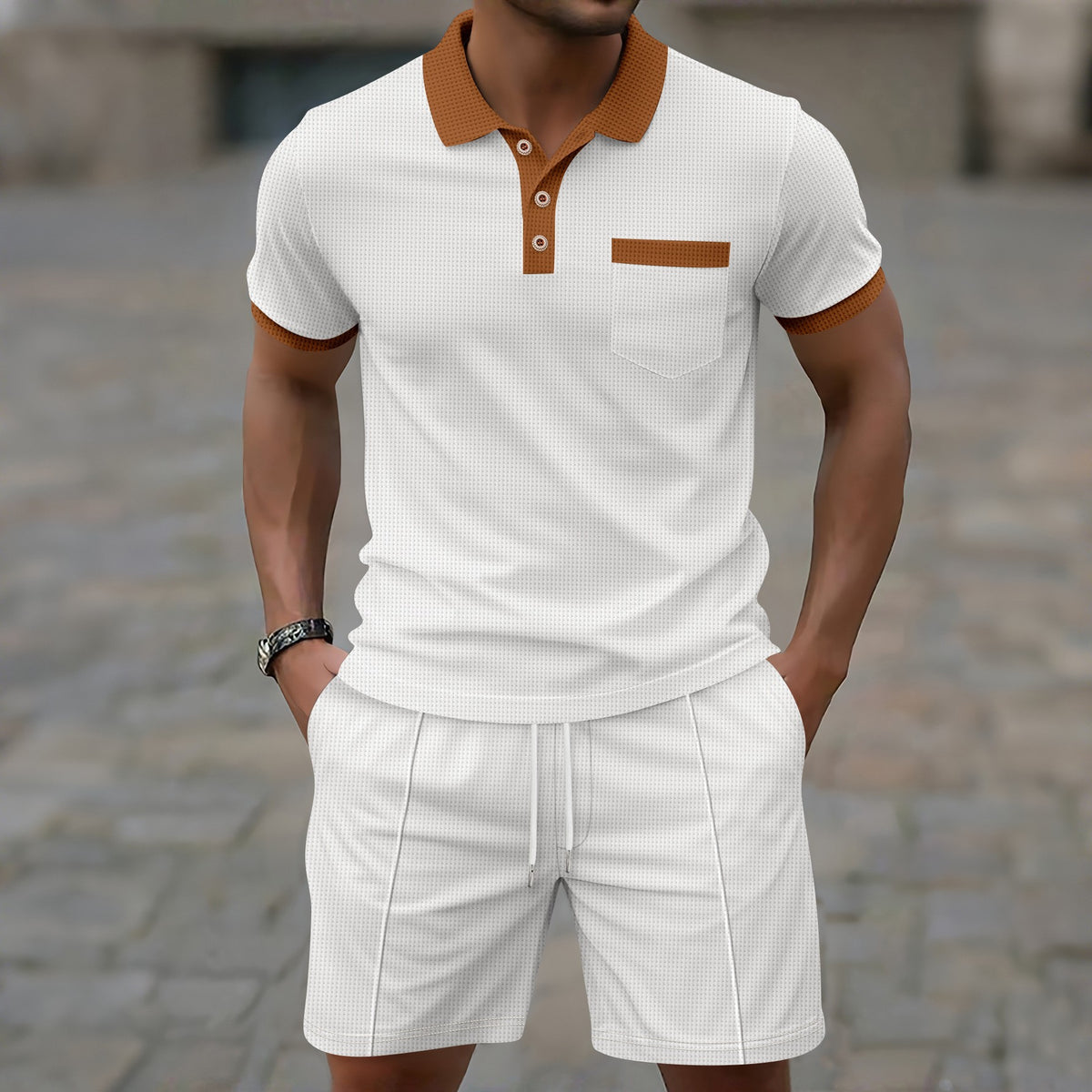 Men's Waffle Knit Polo and Shorts Set