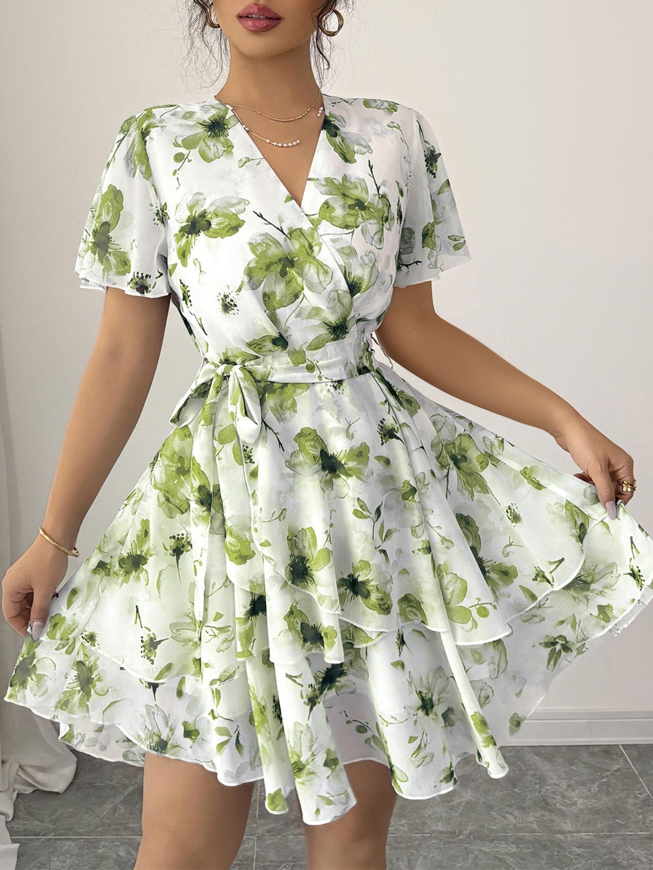 Womens Floral Print V-Neck Short Sleeve Bohemian Swing Dress
