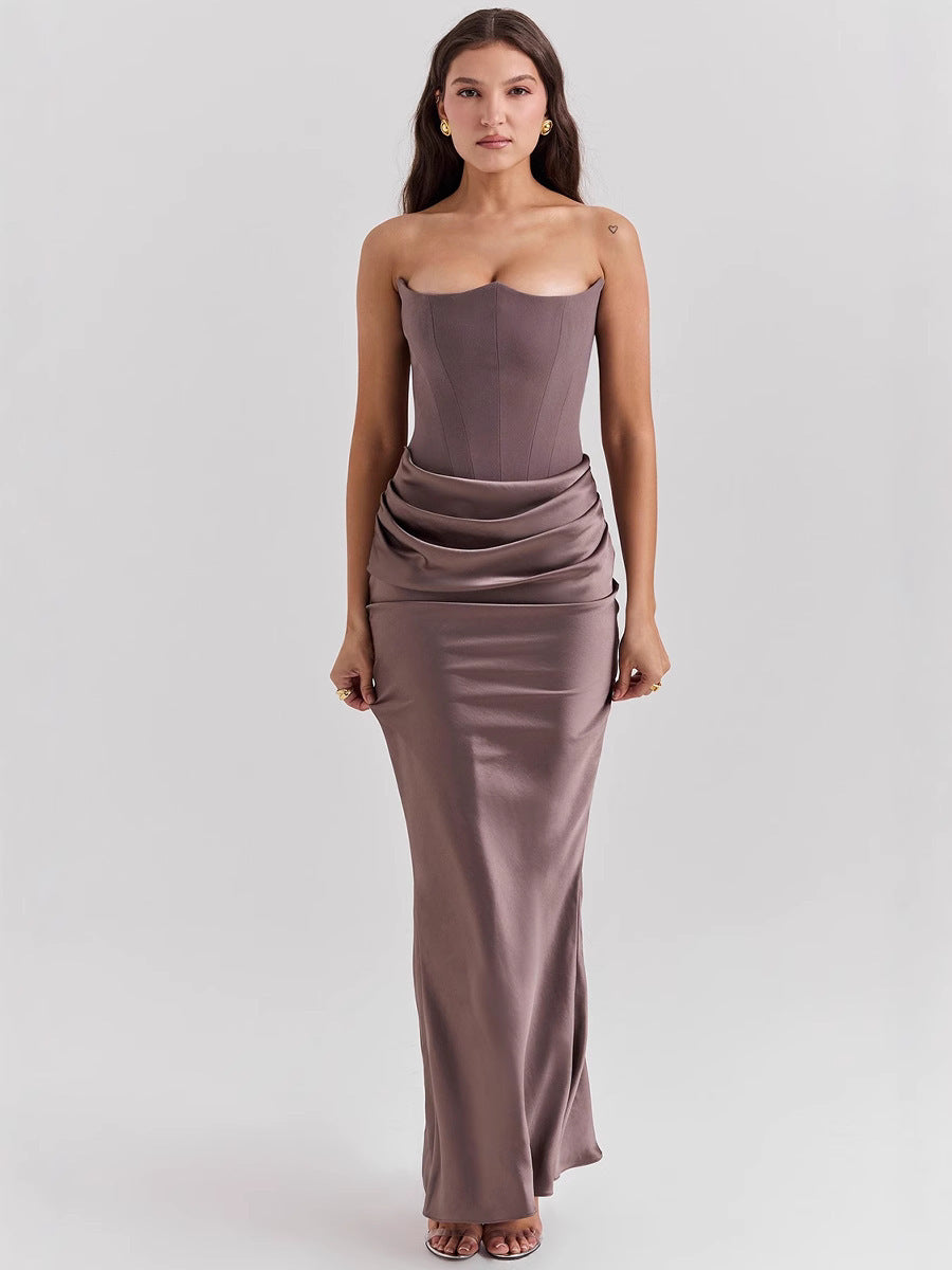 Women's Off-Shoulder Corset Pleated Bodycon Satin Maxi Dress