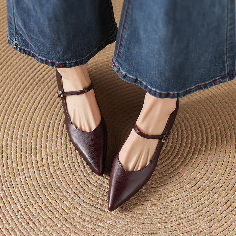 4cm Niche Fashion Shallow Slip-On Single-Strap Shoes 2026 Spring and Autumn New Pointed Toe Chunky Heel Slip-On Leather Shoes for Women