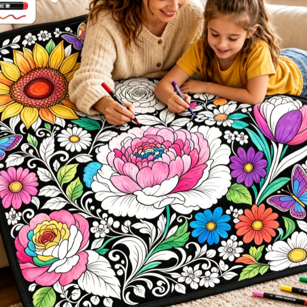 Black and white line-drawn graffiti rug