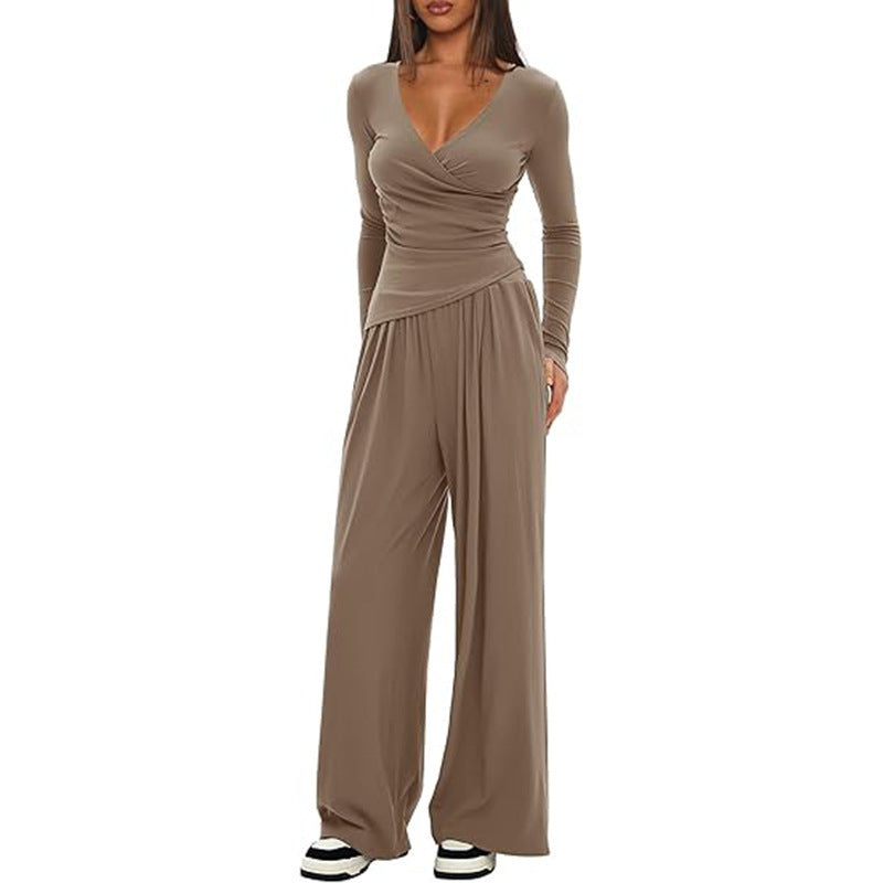 Women's Solid Color Knit V-Neck Long Sleeve Top and Wide Leg Pants Two-Piece Set