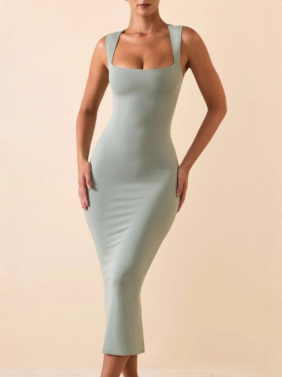 Elegant Pure Color Suspender Dress
