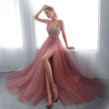 Embroidered Sequin V-Neck Long Evening Dress