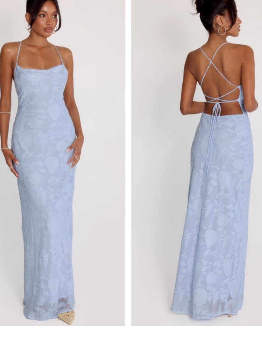 Blue Jacquard Backless Long Dress