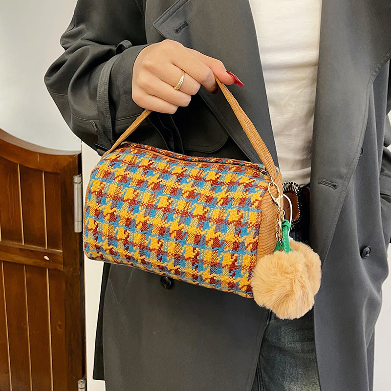 Classic Houndstooth Bucket Handbag Cute Portable Corduroy Makeup Gift Bag