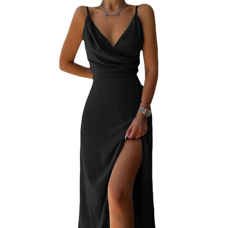 Strapless V-neck slit printed dress