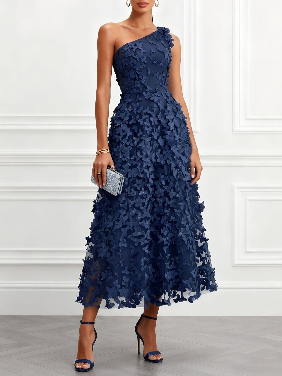 Women's One-Shoulder 3D Floral Embroidery High-Waist Summer Dress