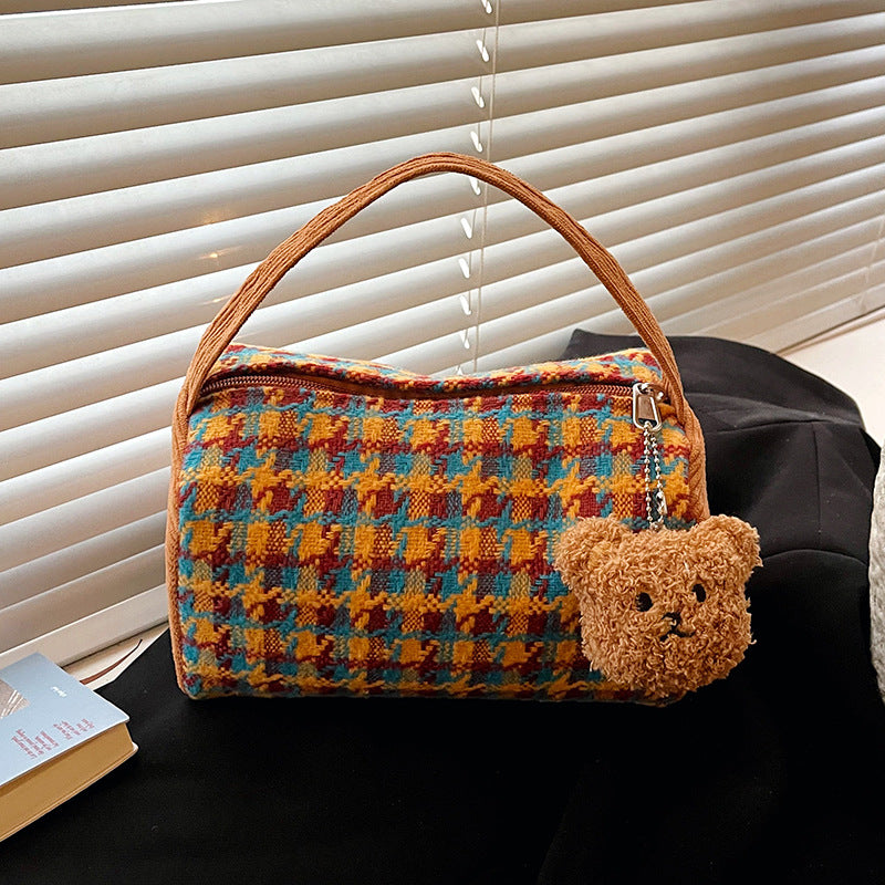 Classic Houndstooth Bucket Handbag Cute Portable Corduroy Makeup Gift Bag