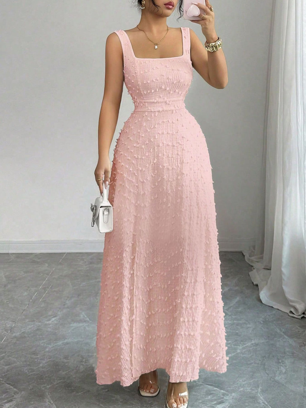 Square-Neck Jacquard Long Dress