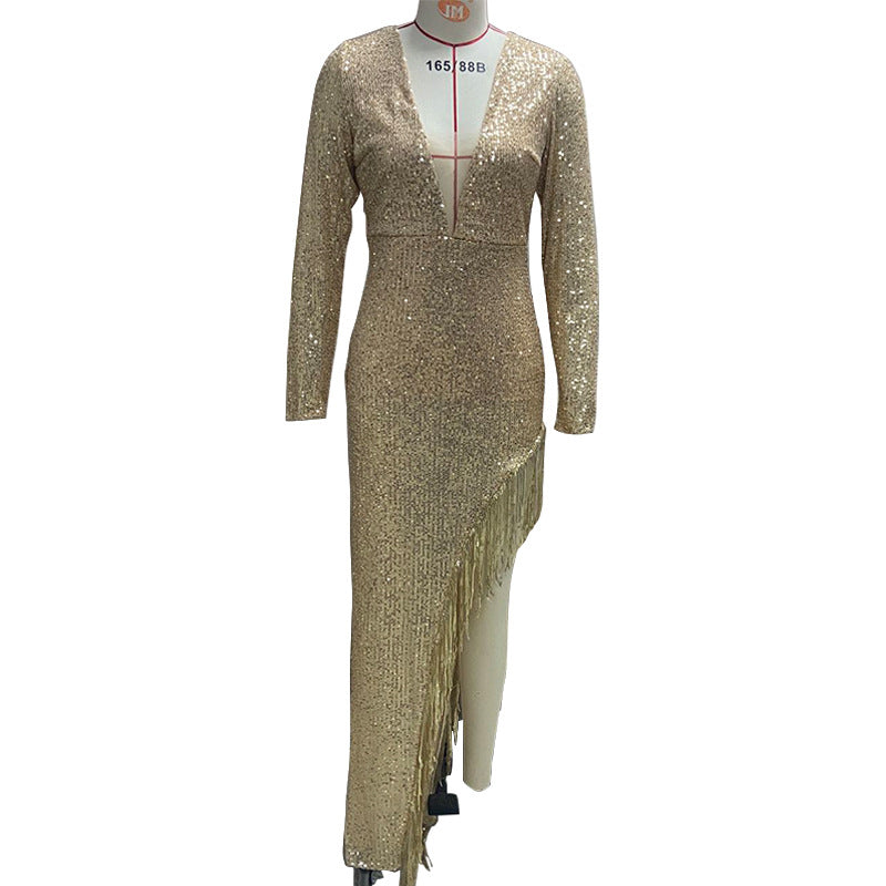 2025 Amazon Dress Tassel Sequin Waist Deep V Long Sleeve Side Slit Sexy Asymmetric Dress Women