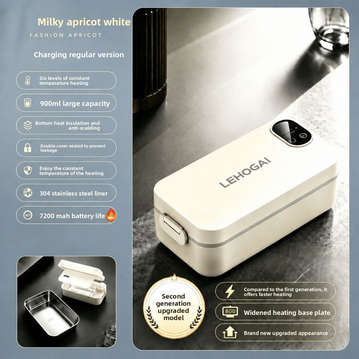 New Model of Water-Free Heating Lunch Box, USB Charging Portable Insulated Lunch Box, 304 Stainless Steel Electric Heating Lunch Box