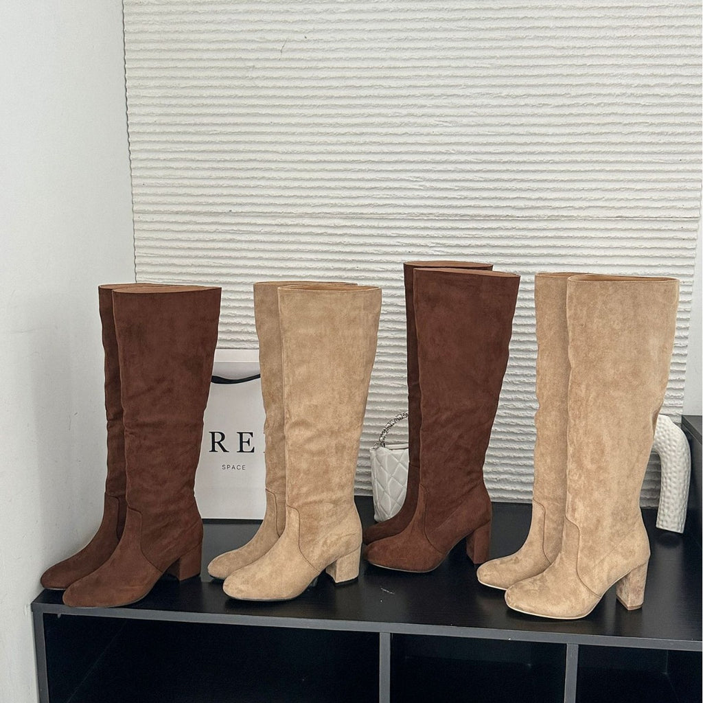 Womens Chunky Heel Suede High Boots