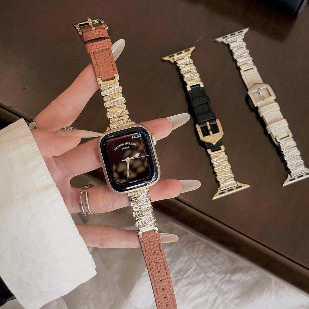 Irregular Diamond-Encrusted Leather Strap for Apple Watch Series 1-11