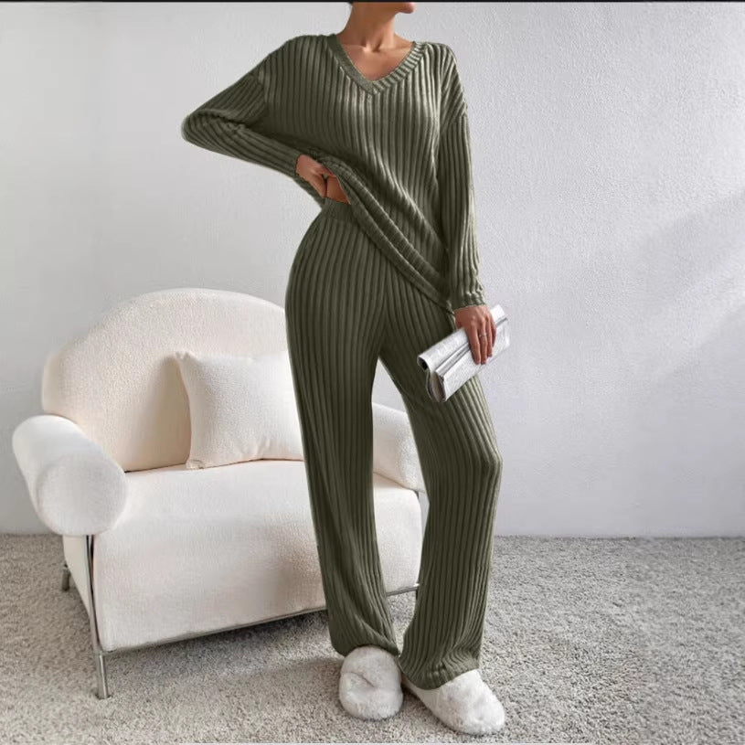 Women's V-Neck Ribbed Knit Two-Piece Set