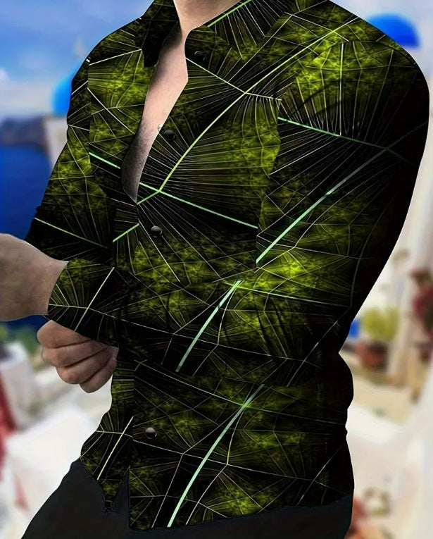 Digital Print Long-Sleeve Men's Slim-Fit Casual Shirt