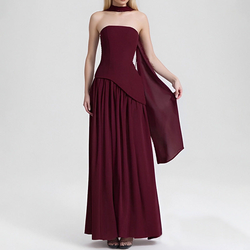 Elegant Slim Fit Solid Color Waist Cinching Slit Dress