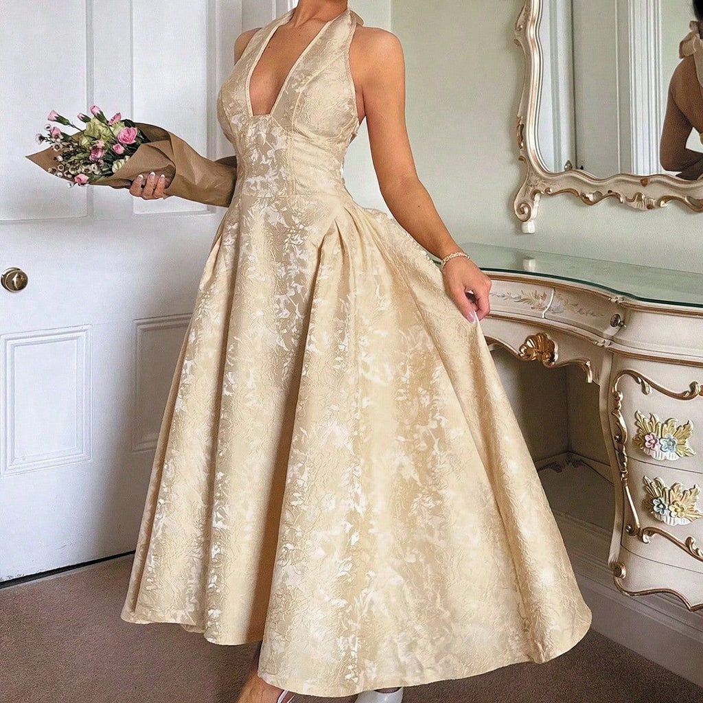 Jacquard Halter Neck Evening Gown